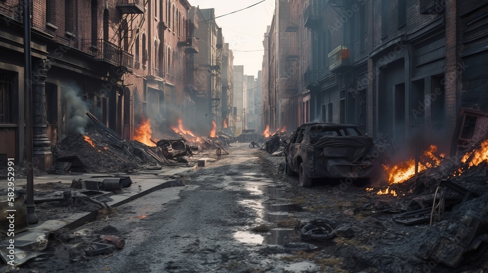 Destroyed city after war. Generative AI technology. Destroyed city after war. Generative AI technology.