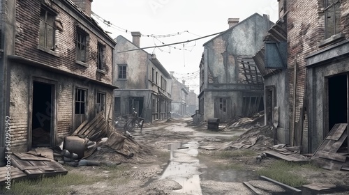 Destroyed town ruin after war. Generative AI technology.