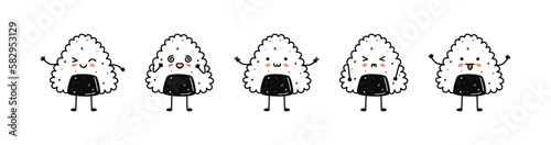 Set of kawaii onigiri sushi mascots in cartoon style