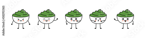 Set of kawaii wasabi bowl sushi mascots in cartoon style.
