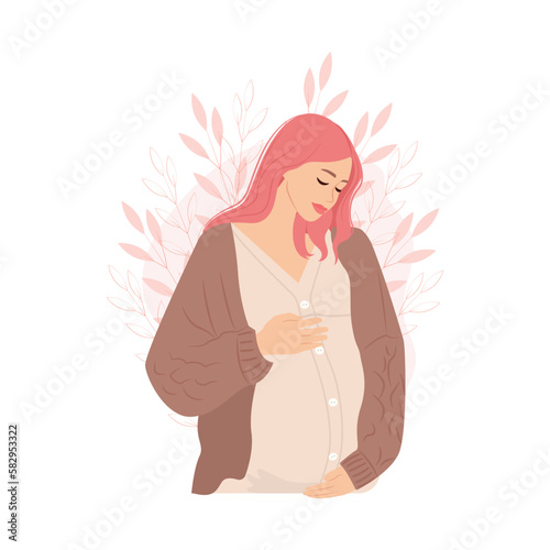 Pregnant woman with a big belly. Vector illustration in flat style.