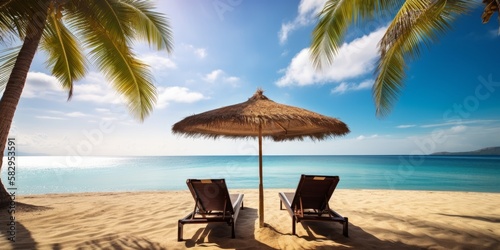 Beautiful tropical beach with palm trees and two empty chairs under the umbrella. Generative AI image