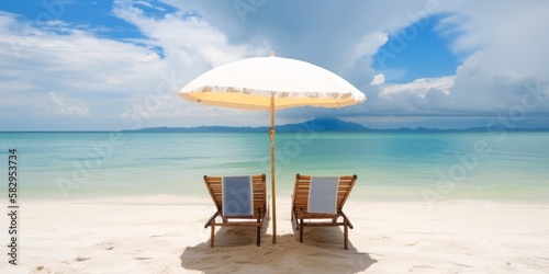 Two empty chairs under the umbrella on the beautiful tropical beach. Generative AI image