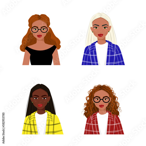 Stylish female portraits multiracial appearance, Modern woman. Vector illustration.