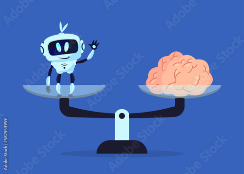 Comic robot and human brain on scales vector illustration. Cartoon drawing of balance or choice between human and artificial intelligence on blue background. Automation, AI, technology concept