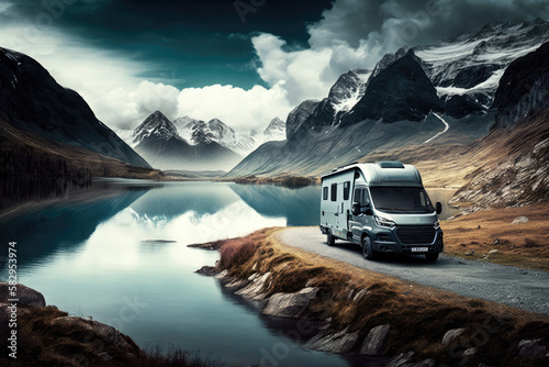 sunrise campervan caravan vehicle for van life holiday on mobile home camper mobile campervan for an outdoor nomad lifestyle camper van journey camping in the parking in the mountains lake