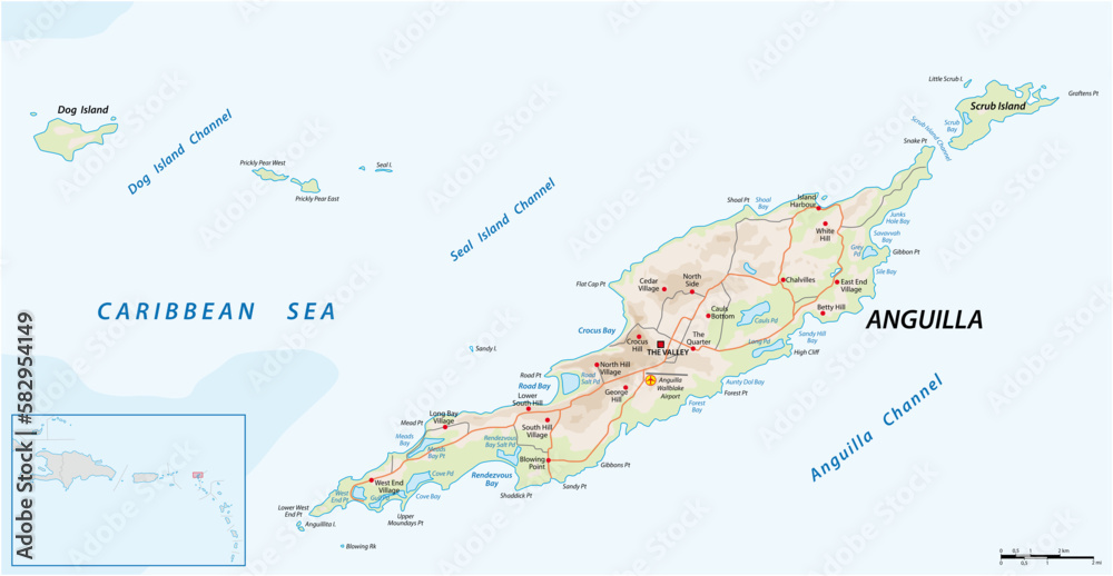 Naklejka premium Street map of the Caribbean island of Anguilla, United Kingdom