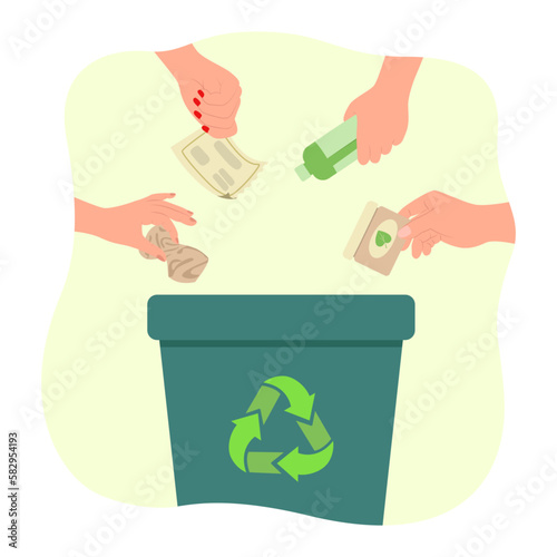 Hands throwing recyclable items into bin with recycle symbol. People putting paper and plastic or garbage in trash can vector illustration. Sustainability, ecology, recycling, ecology concept