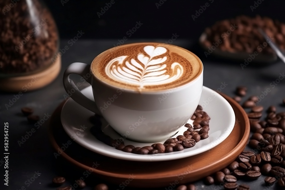 Aromatic White Coffee Cup on Wooden Table. Closeup with Background of Coffee Beans and Smoke Aromatic White Coffee Cup on Wooden Table. Closeup with Background of Coffee Beans and Smoke