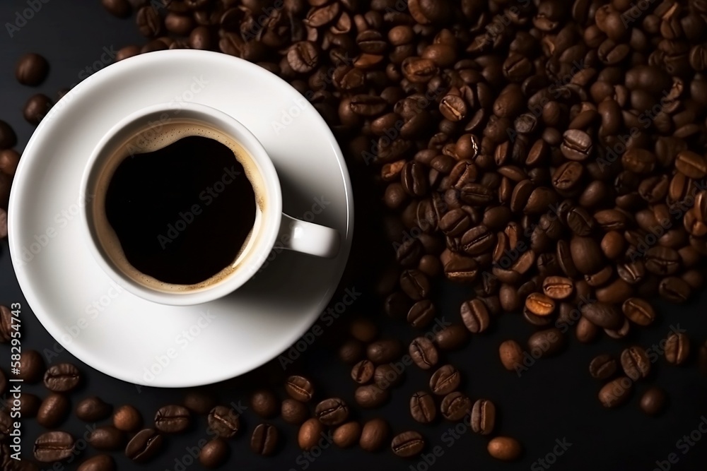 Aromatic White Coffee Cup on Wooden Table. Closeup with Background of Coffee Beans and Smoke Aromatic White Coffee Cup on Wooden Table. Closeup with Background of Coffee Beans and Smoke