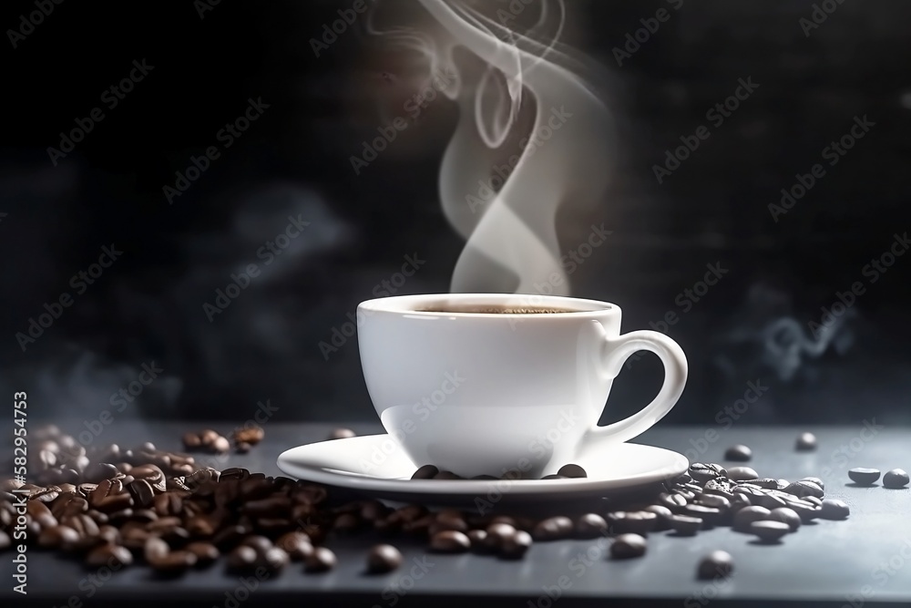 Aromatic White Coffee Cup on Wooden Table. Closeup with Background of Coffee Beans and Smoke Aromatic White Coffee Cup on Wooden Table. Closeup with Background of Coffee Beans and Smoke