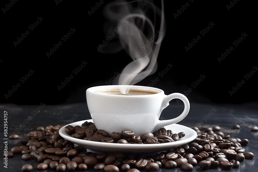 Aromatic White Coffee Cup on Wooden Table. Closeup with Background of Coffee Beans and Smoke Aromatic White Coffee Cup on Wooden Table. Closeup with Background of Coffee Beans and Smoke