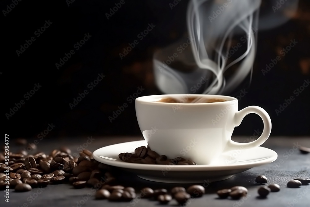 Aromatic White Coffee Cup on Wooden Table. Closeup with Background of Coffee Beans and Smoke Aromatic White Coffee Cup on Wooden Table. Closeup with Background of Coffee Beans and Smoke