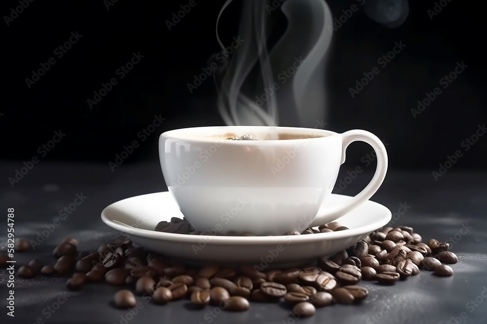 Aromatic White Coffee Cup on Wooden Table. Closeup with Background of Coffee Beans and Smoke Aromatic White Coffee Cup on Wooden Table. Closeup with Background of Coffee Beans and Smoke