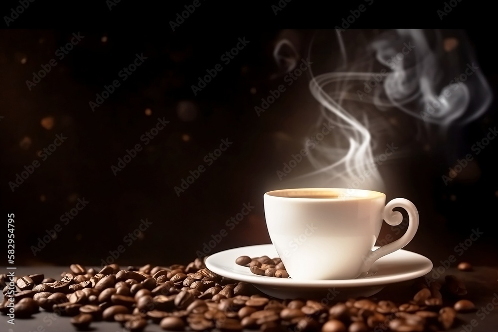 Aromatic White Coffee Cup on Wooden Table. Closeup with Background of Coffee Beans and Smoke Aromatic White Coffee Cup on Wooden Table. Closeup with Background of Coffee Beans and Smoke
