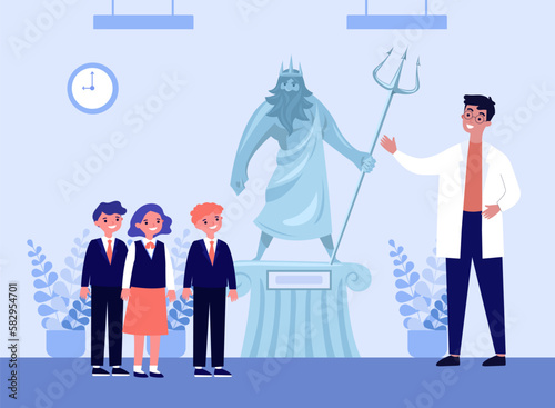 Schoolchildren looking at statue of Zeus during excursion. Museum guide telling students about Greek history or mythology flat vector illustration. Ancient Greece, culture, history, education concept