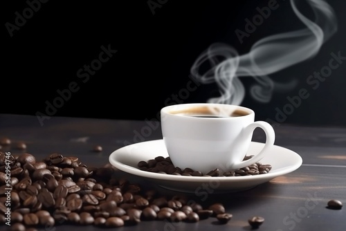 Aromatic White Coffee Cup on Wooden Table. Closeup with Background of Coffee Beans and Smoke © Thares2020