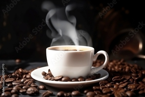 Aromatic White Coffee Cup on Wooden Table. Closeup with Background of Coffee Beans and Smoke