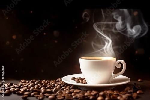 Aromatic White Coffee Cup on Wooden Table. Closeup with Background of Coffee Beans and Smoke