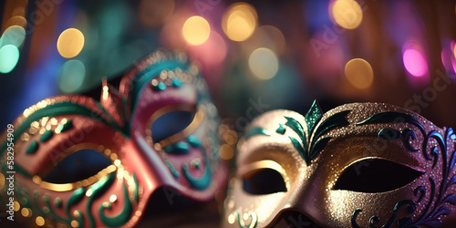 Carnival Party Venetian Masks On Red Glitter With Shiny Streamers On Abstract Defocused Bokeh Lights with Generative AI technology