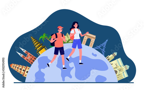 Tourist couple with backpacks walking on globe with landmarks. Man and woman traveling around world together flat vector illustration. Tourism recovery, travel, vacation concept