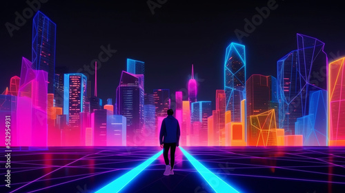 Man in future and modern skyscrapers. Concept of metaverse, virtual reality gaming, time traveling, cyber world or futuristic people.