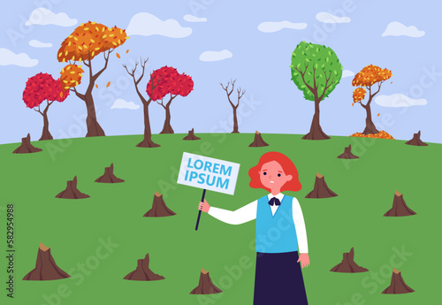 Sad schoolgirl with placard in front stumps vector illustration. Cartoon drawing of child ecology activist with sign in forest, park or garden. Deforestation, ecology or environment, nature concept