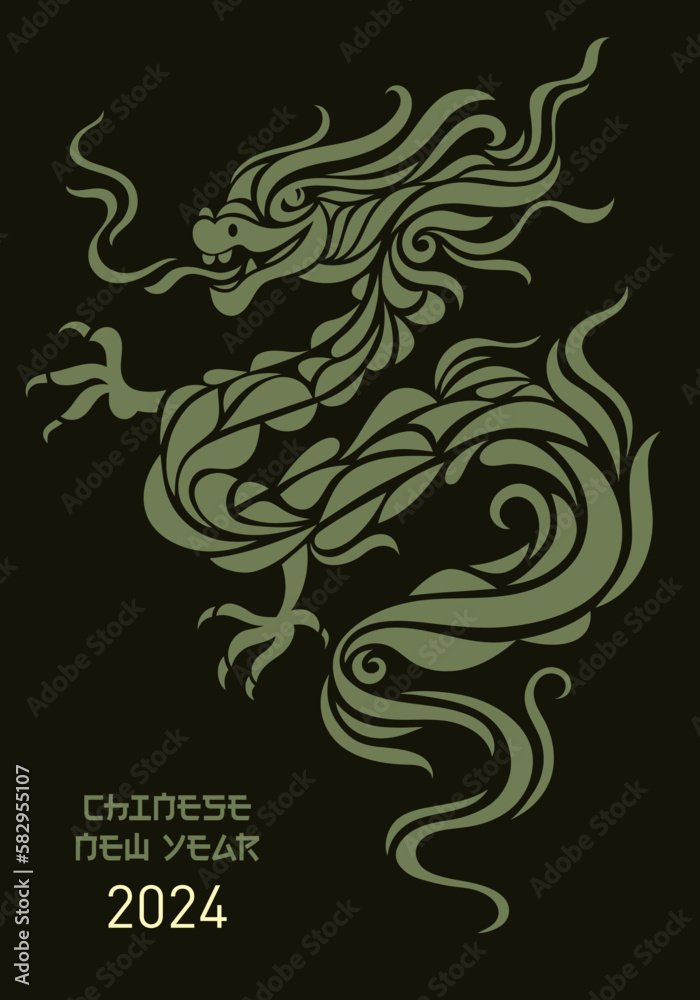 Fototapeta premium Chinese Happy New Year 2024. Year of the Dragon. Greetings card. Green Dragon