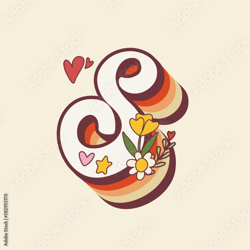 Groovy retro hippie stylized Initial Letter S with flowers. Seventies letter for nostatgic print or poster.