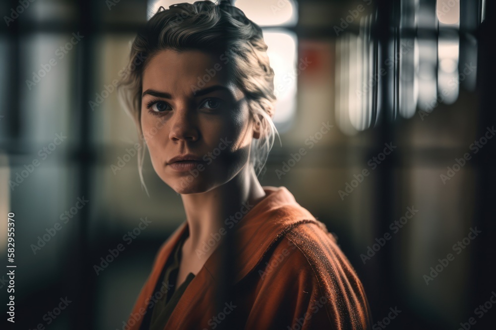 A woman in prison gazes out the window with a sad and lonely expression ...