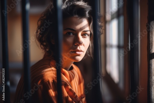 A woman in prison gazes out the window with a sad and lonely expression, trapped behind the cold metal bars of her cell. generative ai © Rawf8