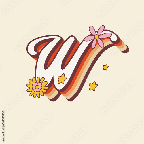 Groovy retro hippie stylized Initial Letter W with flowers. Seventies letter for nostatgic print or poster.