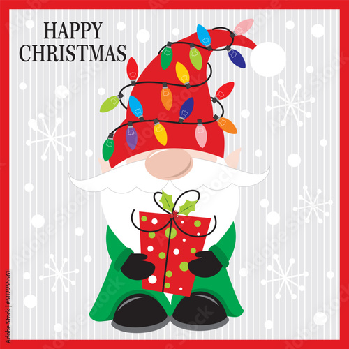 christmas greeting card with gnome and lights photo