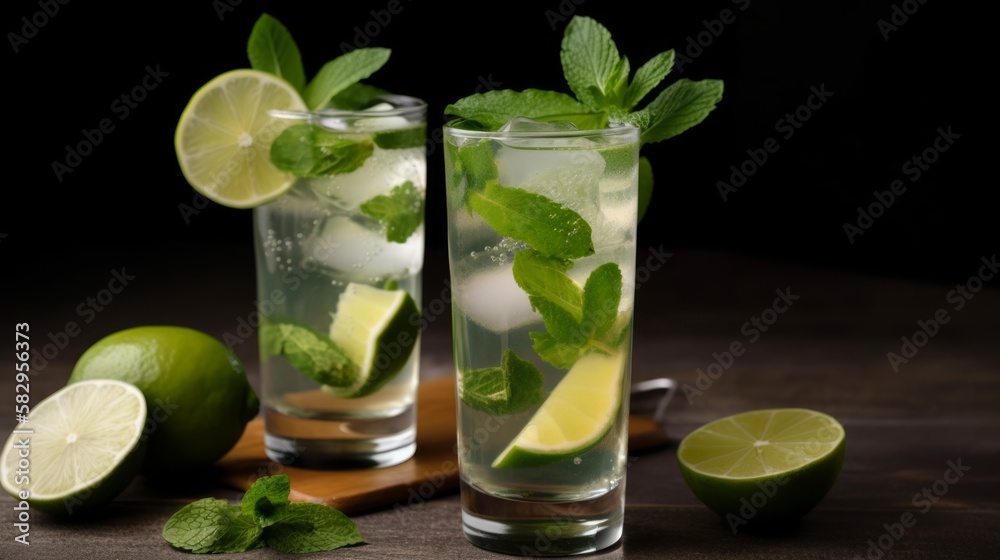 Fototapeta premium Mojito - a classic Cuban drink made with rum, lime juice, sugar, mint leaves, and soda water, served over ice. Generative AI