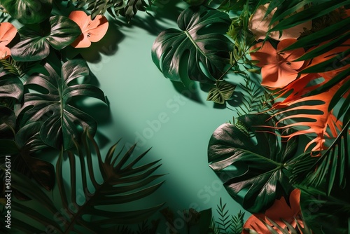 Summer tropical background with a space for a text  green palm leaves and flowers with Generative AI