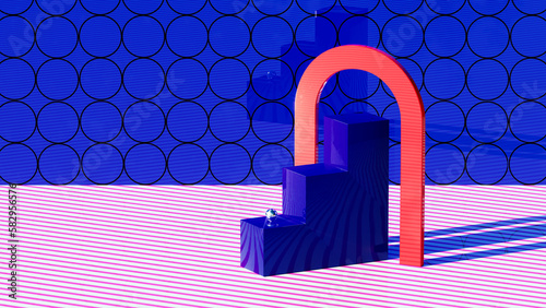 Picture with Podium and Geometric Shapes in Blue Tones with Copyspace. Background design with staircase, red arch. Feature various products, serve as banner. 3d render, 3d illustration.
