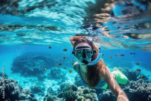 Young woman at snorkeling in the tropical water. Generative AI.