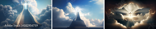stairs in sky. Resurrection - Light Cross Shape In Clouds - Risen - Jesus Ascends to Heaven Scene