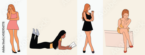 Girls or women dress up in modern clothes. Woman body isolated on white background. Illustration, vector, hand drawn
