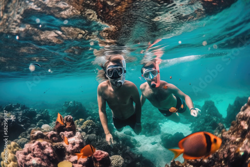 Young couple at snorkeling in the tropical water. Generative AI.