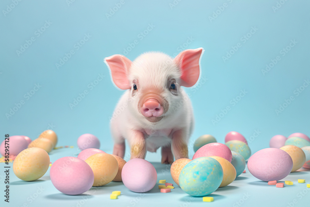 Fototapeta premium Easter creative concept on pastel blue background. Colored Easter eggs and baby domestic animal, cute baby pink pig, little piggy. Illustration, Generative AI.