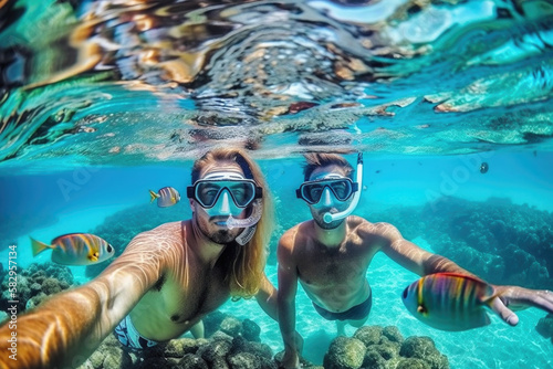 Young couple at snorkeling in the tropical water. Generative AI.