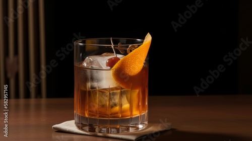 Old Fashioned drink made with bourbon or rye whiskey, sugar, bitters, and a twist of citrus in glass. Generative AI