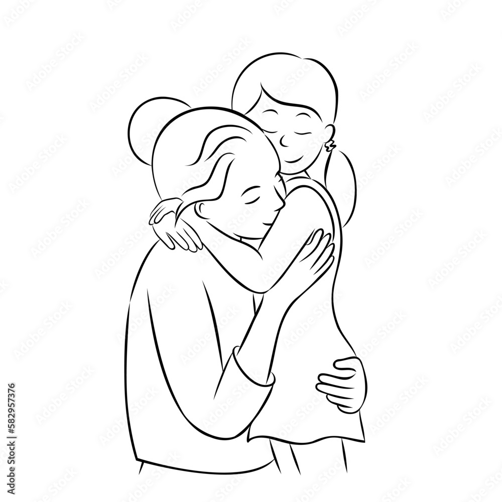 Sweet mother holds her little daughter. Asian mom embraces her child. Motherhood concept. International Mother’s Day. Vector contour illustration in sketch hand drawn style