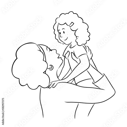African american mother holds her daughter. Black mom with child. Motherhood concept. International Mother’s Day. Vector contour illustration in sketch hand drawn style