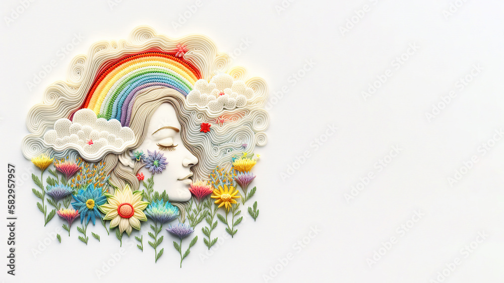 Woman face with flowers and rainbow, positive mental health, women's day and diversity concept, Generative AI