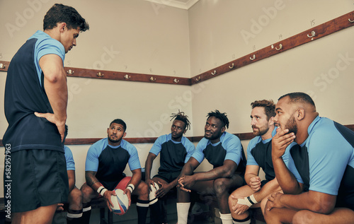Locker room, motivation and rugby team with coach or captain in strategy discussion or game plan. Training, coaching and group of sports players planning teamwork with leader in cloakroom together. photo