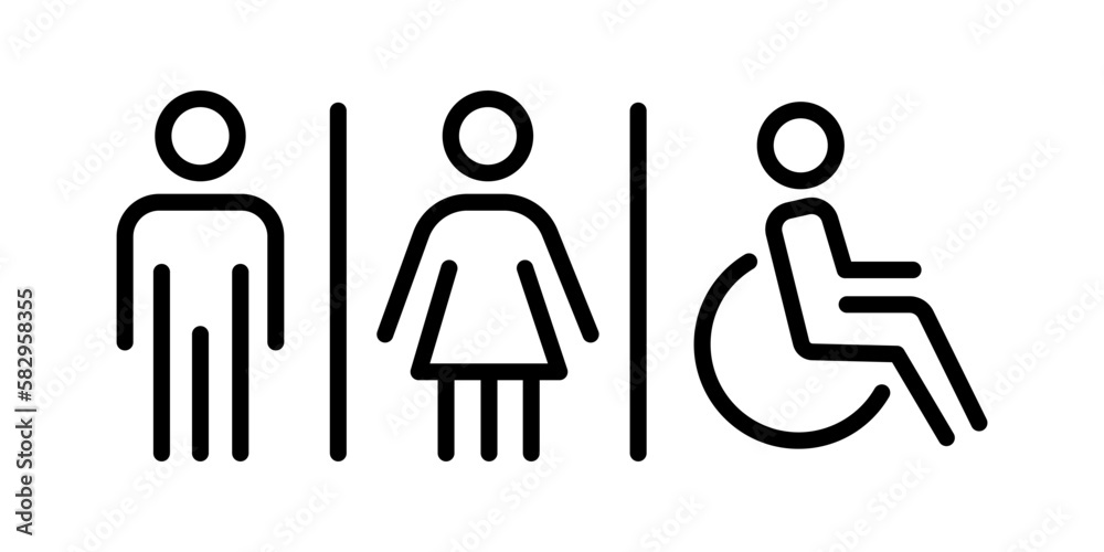 Toilet signage icon, wc or bathroom for various gender, signs of men women and wheelchair for restroom, thin line symbol on white background - editable stroke vector illustration.