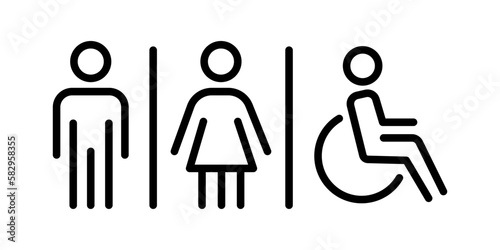 Toilet signage icon, wc or bathroom for various gender, signs of men women and wheelchair for restroom, thin line symbol on white background - editable stroke vector illustration.