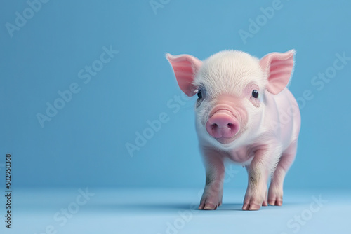 Animal creative concept on pastel blue background. Small baby domestic animal, cute baby pink pig, little piggy. Illustration, Generative AI.